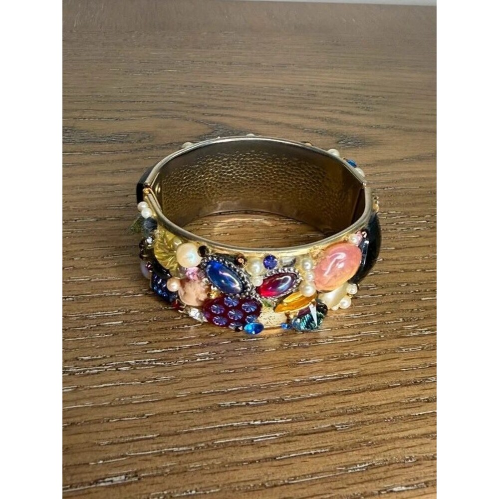 Multicolor Jeweled Hinged Bangle Bracelet – Rhinestone Pearl Statement Cuff